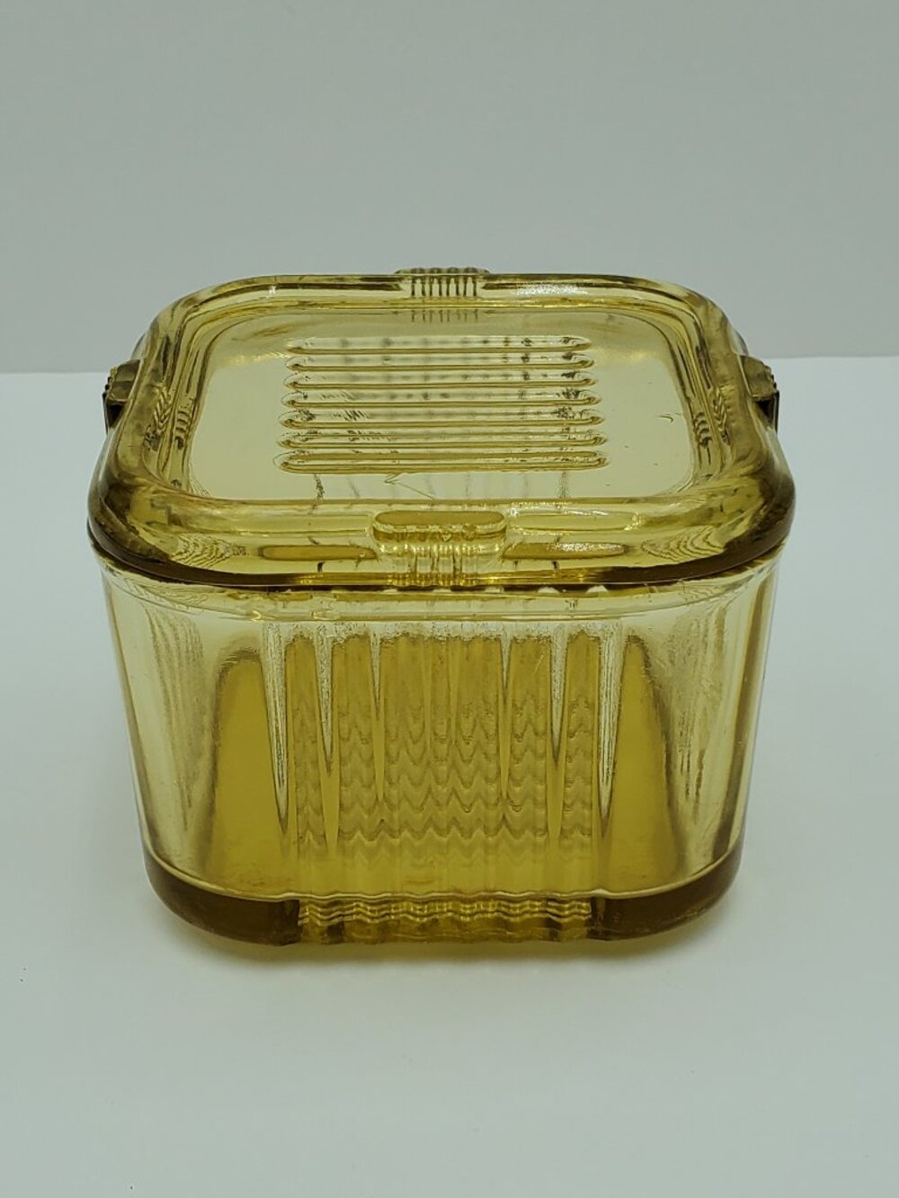 Federal Glass Yellow Glass Refrigerator Dish Golden Amber Ribbed Glass Fridgie